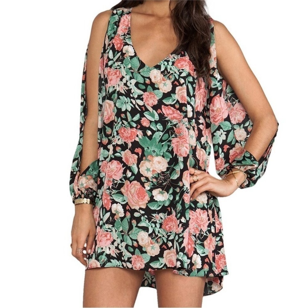 Lovers + Friends Black Pink Cream Rose Floral Cold Shoulder Mini Dress Size M